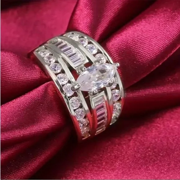 NEW Luxury 925 Silver Round Marquise Baguette Cut Round Engagement Wedding Ring - Picture 2 of 4